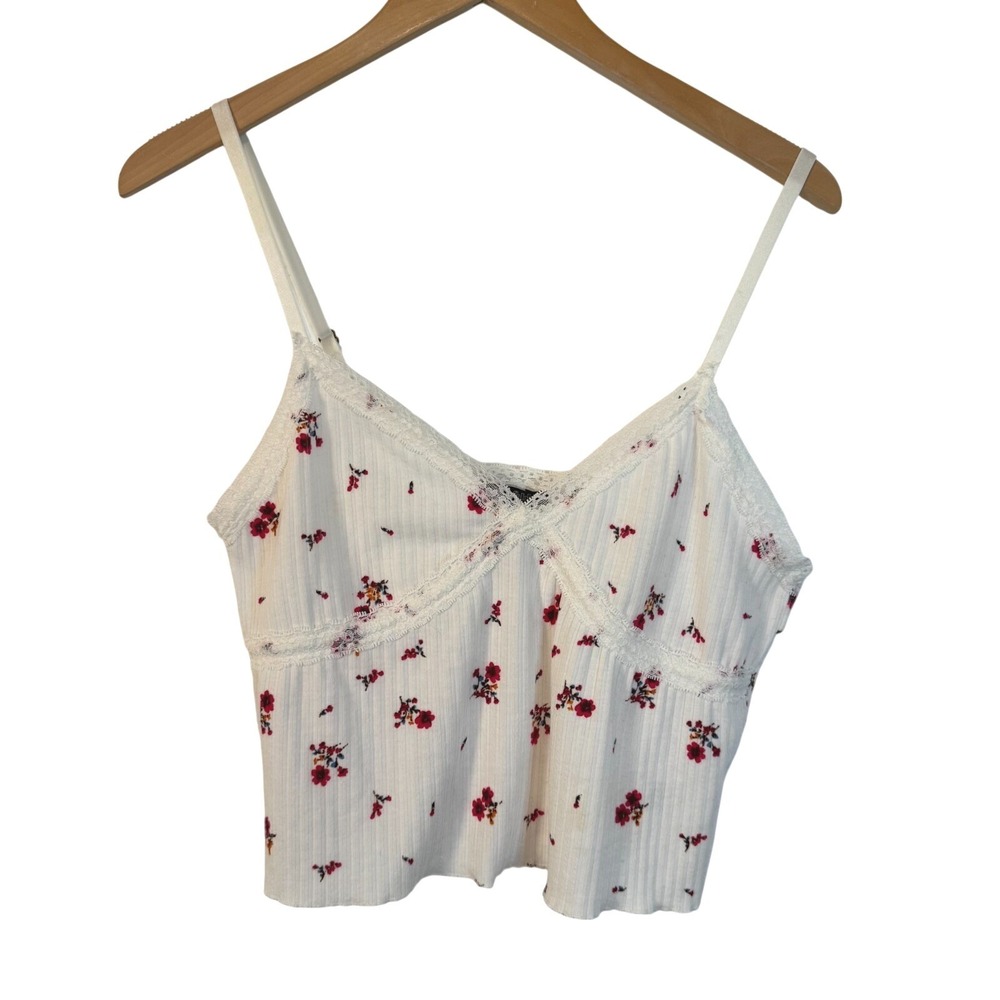 Womens Lace Trim Sweetheart Neck Tank Top Size L Babydoll Coquette Pink Floral